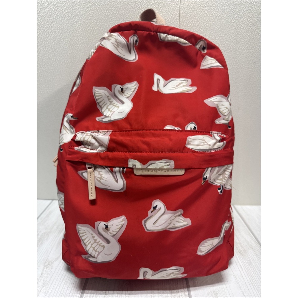 STELLA McCARTNEY Kids Backpack White Swan on Red Nylon Front Pocket